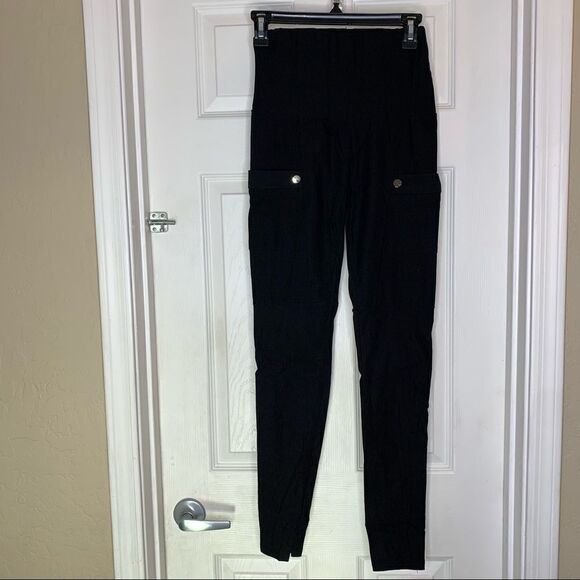 Black Maternity Pants Silver Button Accents Size Small Full Belly Panel - Picture 1 of 8
